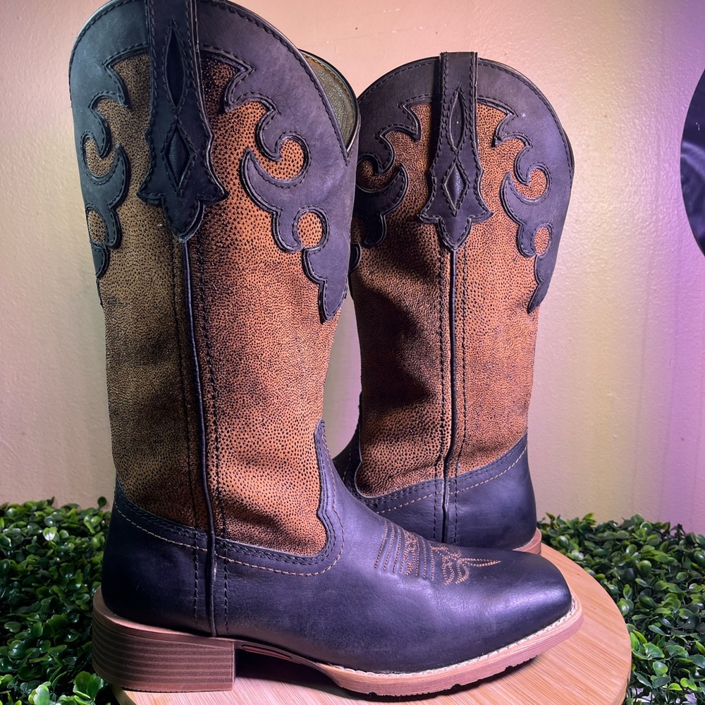 JUSTIN LADIES LATTIE MIDNIGHT BLACK BROWN LEATHER PULL-ON COWGIRL BOOTS SZ 9.5B - Picture 6 of 8